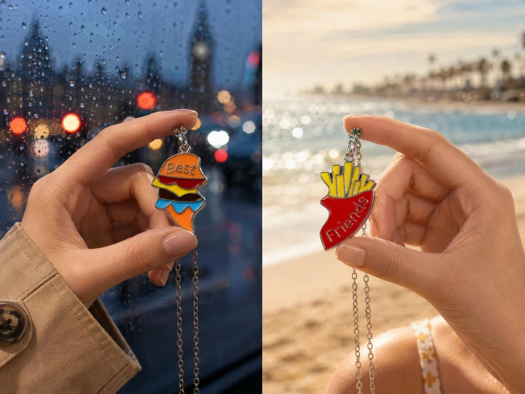 Dos collares de hamburguesa, patatas fritas y corazón para mejores amigas 🍔🍟💖