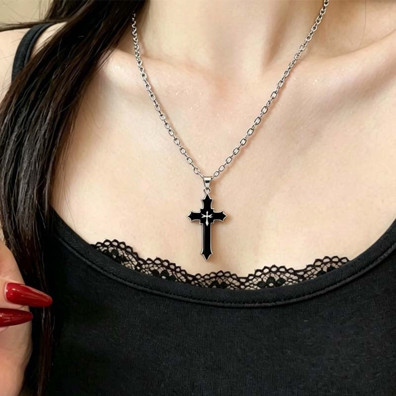 2Pcs Black & White Gothic Cross Matching Bestie Necklaces ⚔️🖤