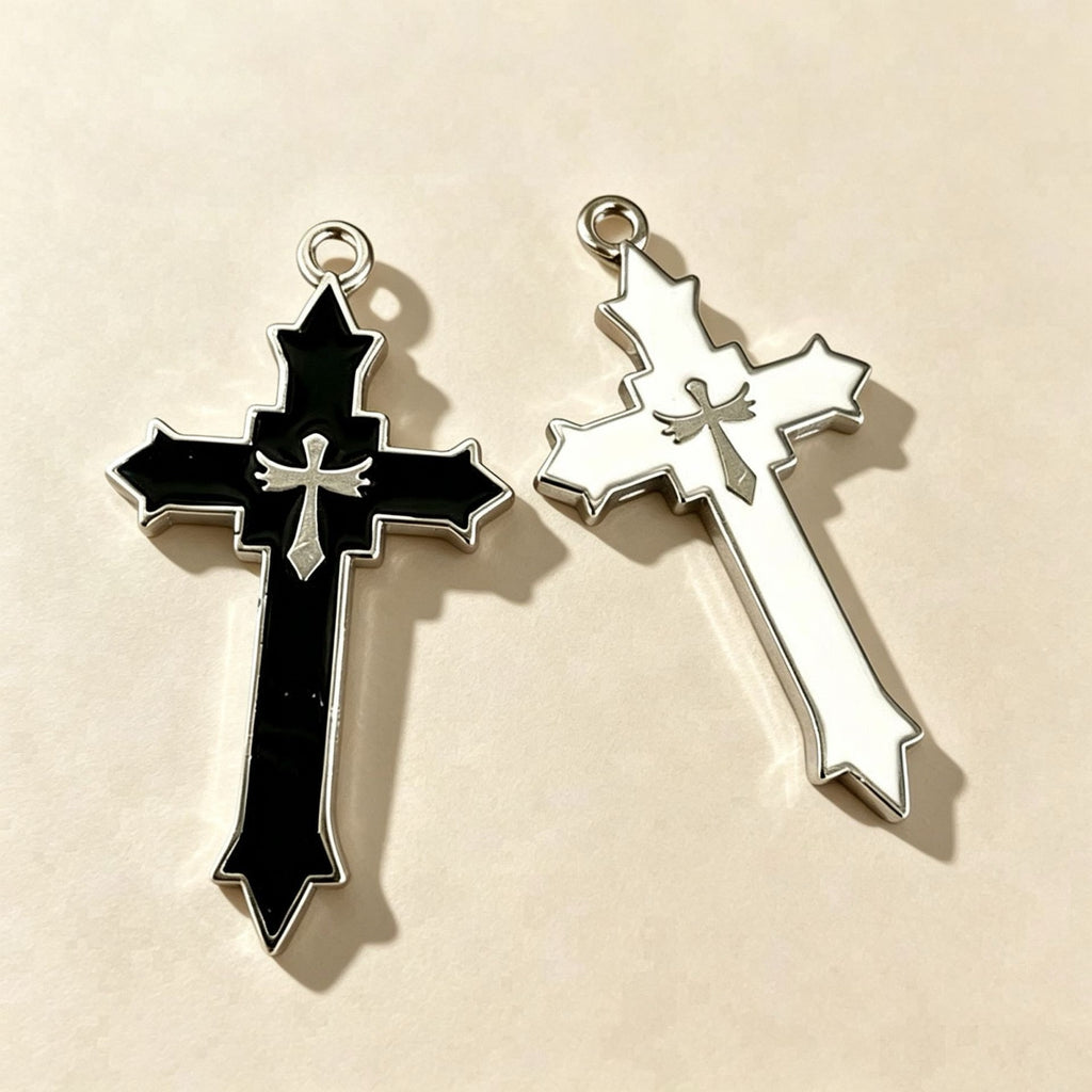 2Pcs Black & White Gothic Cross Matching Bestie Necklaces ⚔️🖤