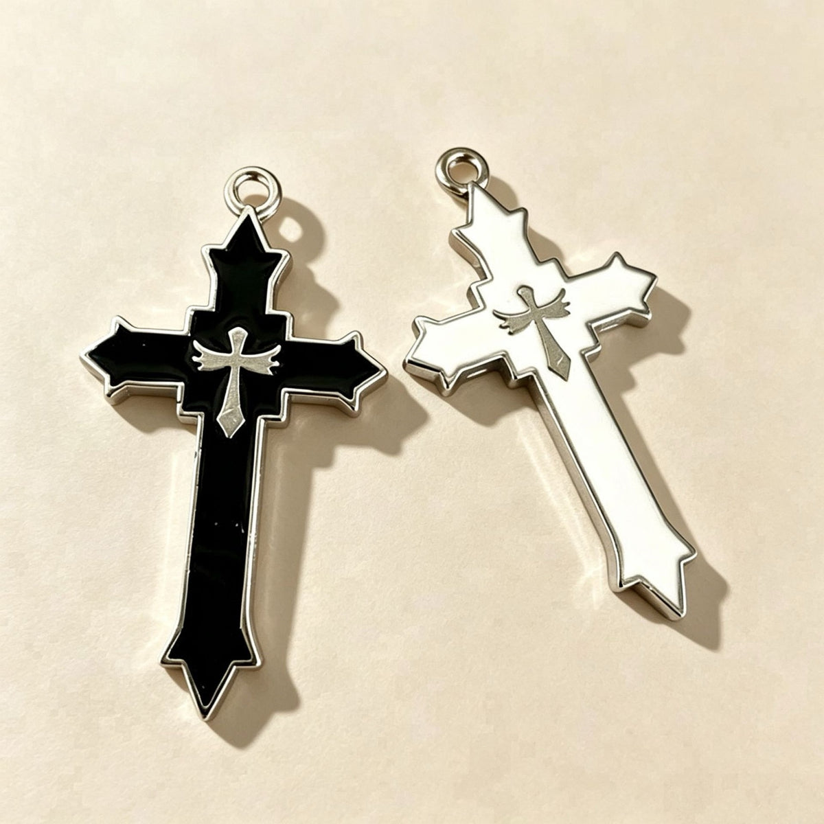 2Pcs Black & White Gothic Cross Matching Bestie Necklaces ⚔️🖤