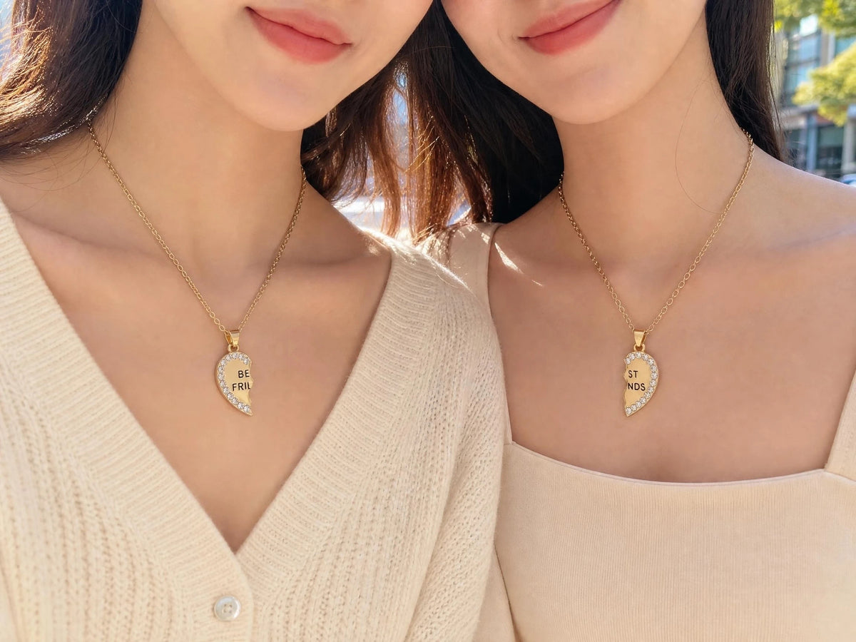 Two Besties Gold Rhinestone Heart BFF Necklaces💛💖