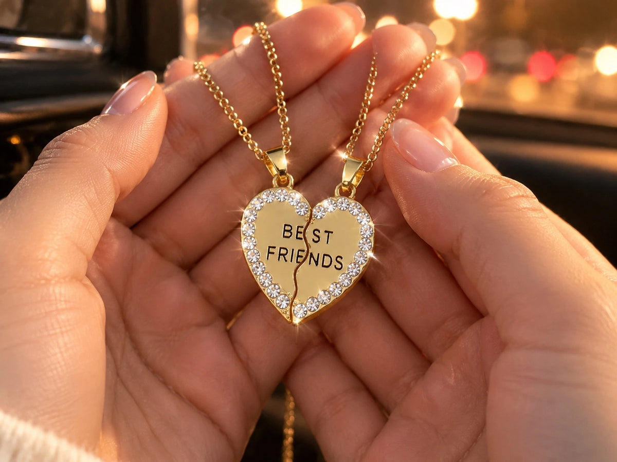 Two Besties Gold Rhinestone Heart BFF Necklaces💛💖