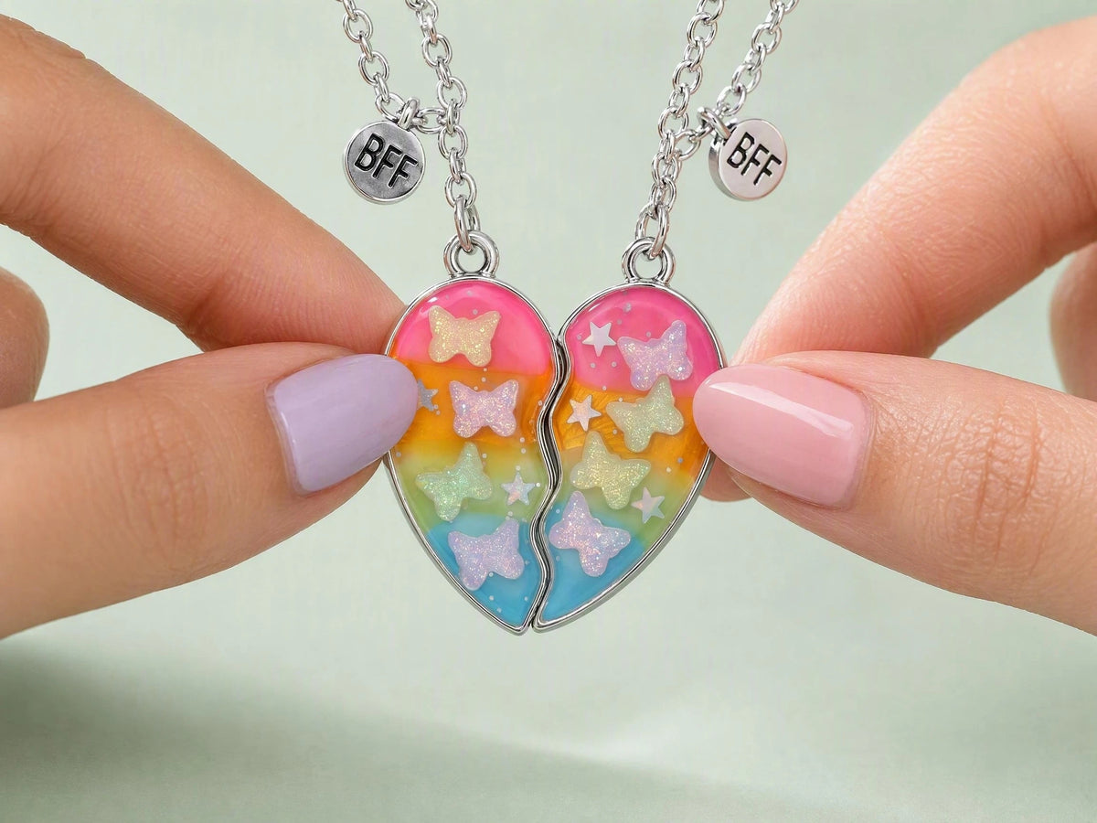 Two Bestie Rainbow Glitter Butterfly Heart BFF Necklaces🦋🌈💖