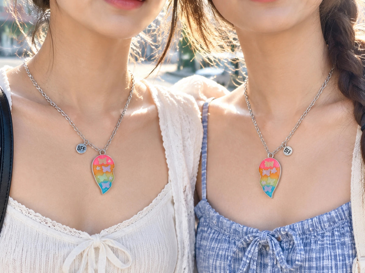 Two Bestie Rainbow Glitter Butterfly Heart BFF Necklaces🦋🌈💖