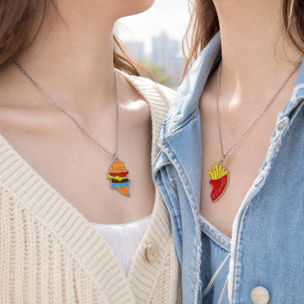 Dos collares de hamburguesa, patatas fritas y corazón para mejores amigas 🍔🍟💖