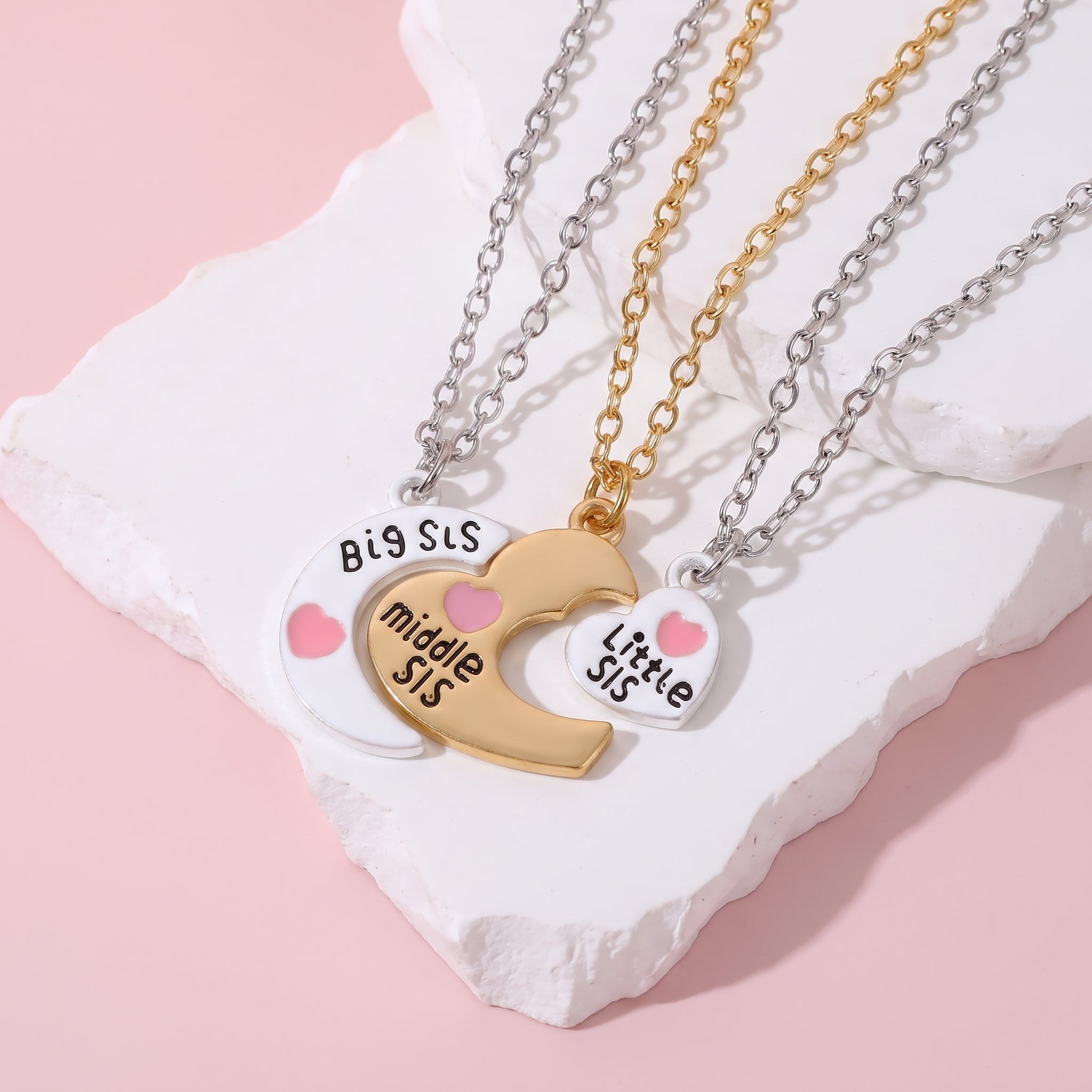 Three Besties Big Middle Little Sis Moon‑Heart Necklaces🌙💗