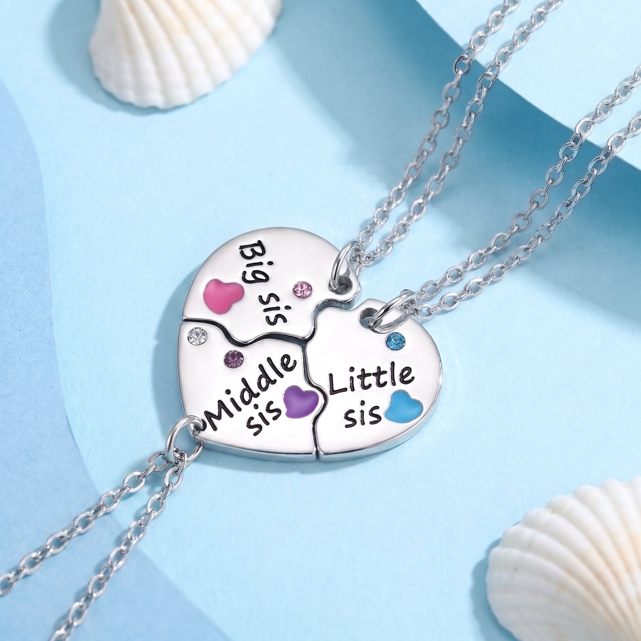 Three Besties Big Middle Little Sis Heart Necklaces💜💗💙