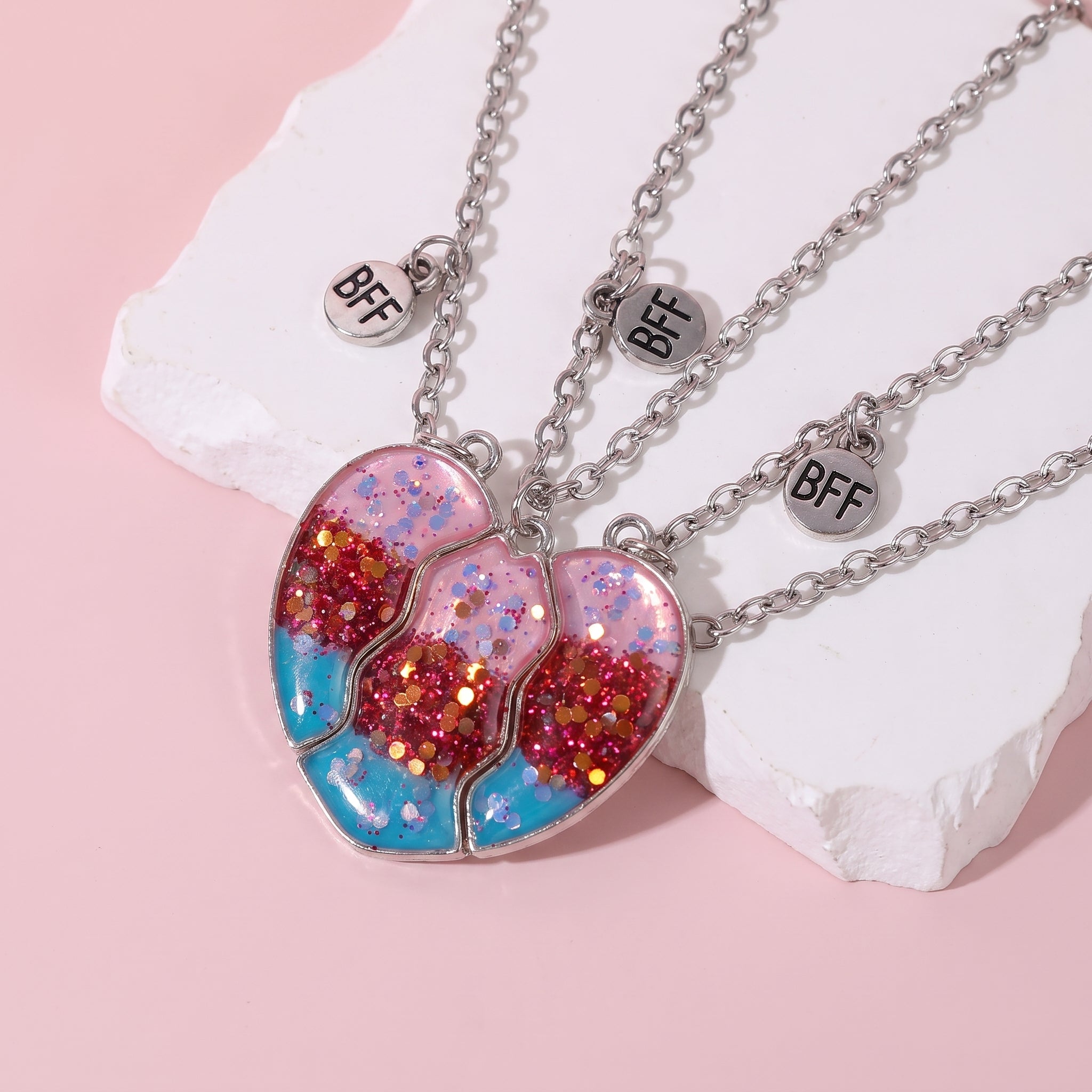 Three Bestie Gradient Glitter Heart BFF Necklaces💖✨