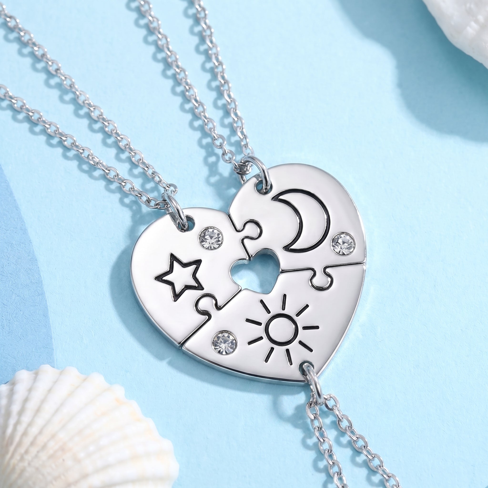 Three Besties Sun Moon Star Puzzle Heart BFF Necklaces☀️🌙⭐