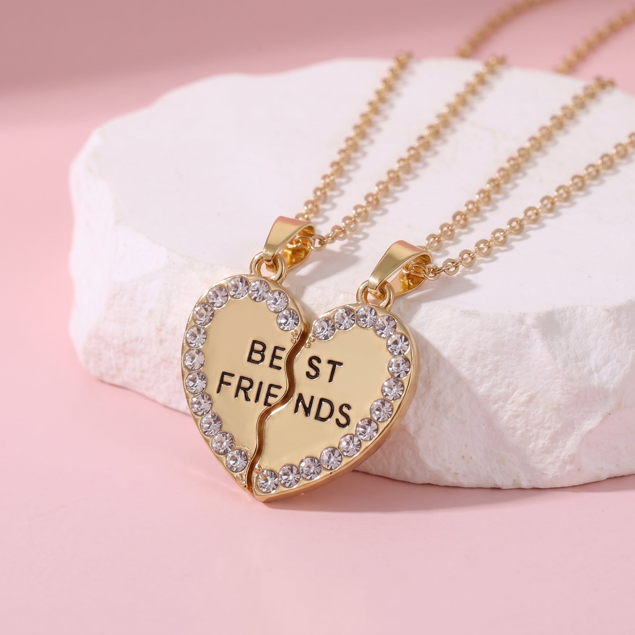 Two Besties Gold Rhinestone Heart BFF Necklaces💛💖