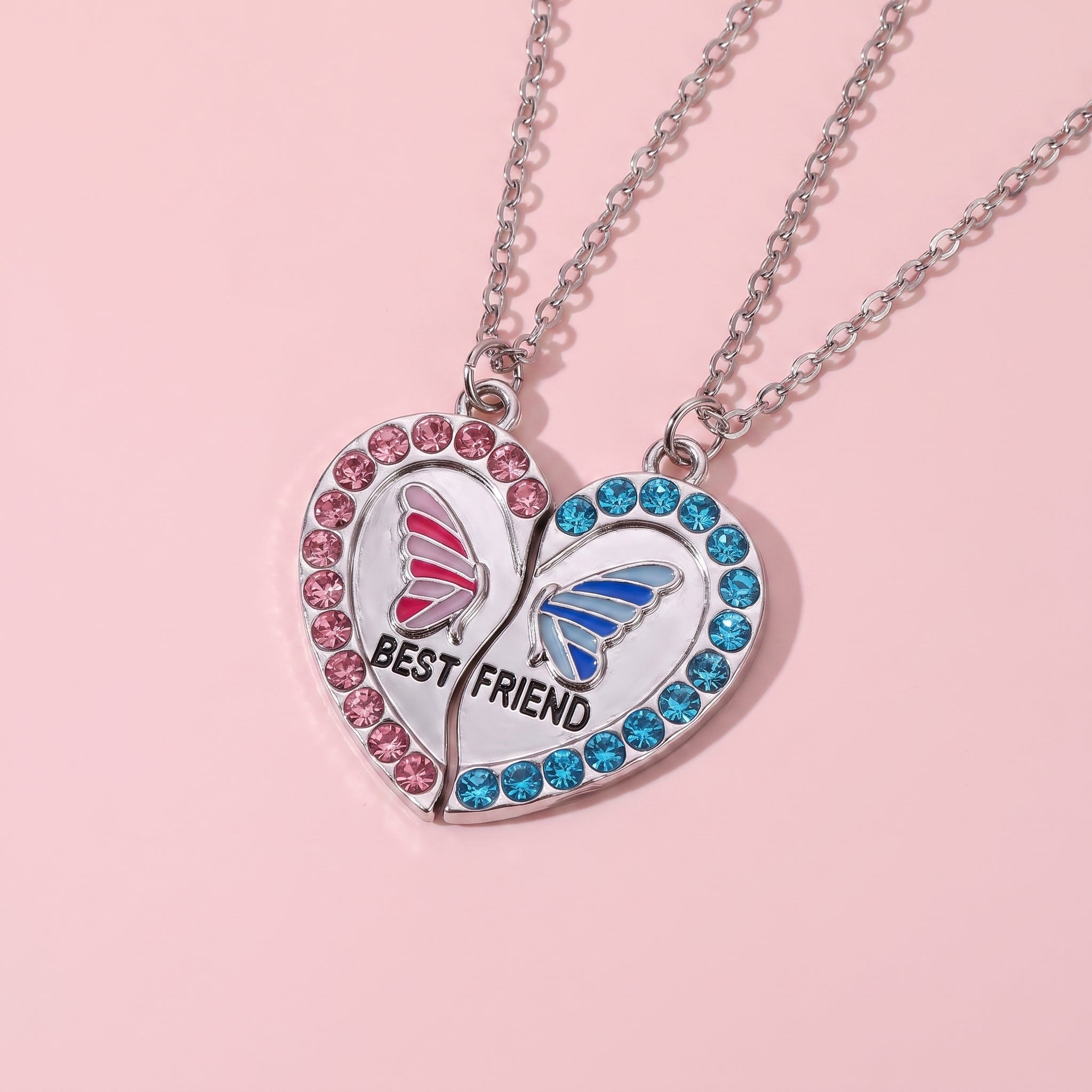 Two Besties Butterfly Heart Best Friend Necklaces Set