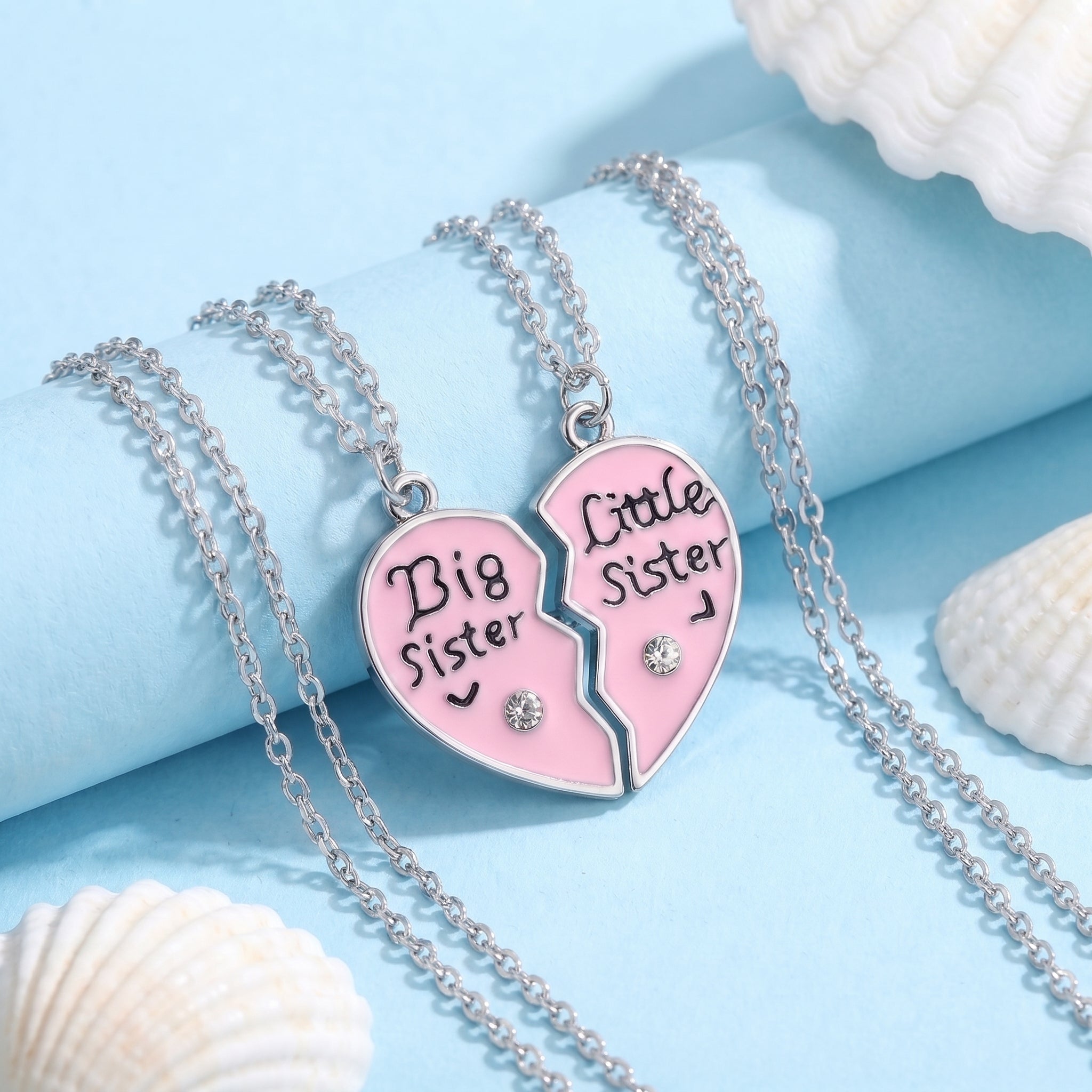 Two Bestie Big Sister Little Sister Split‑Heart Necklaces🖤💎
