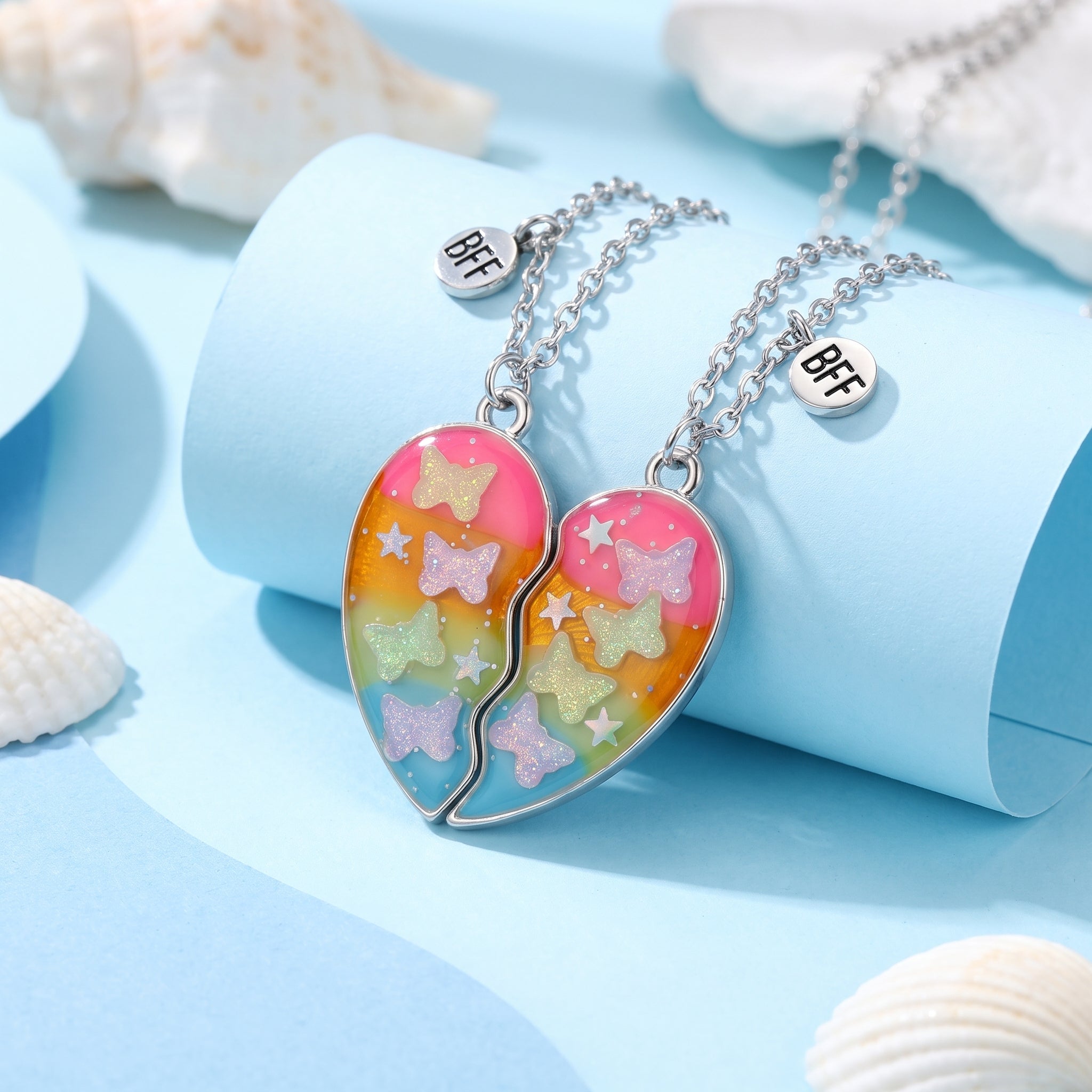 Two Bestie Rainbow Glitter Butterfly Heart BFF Necklaces🦋🌈💖