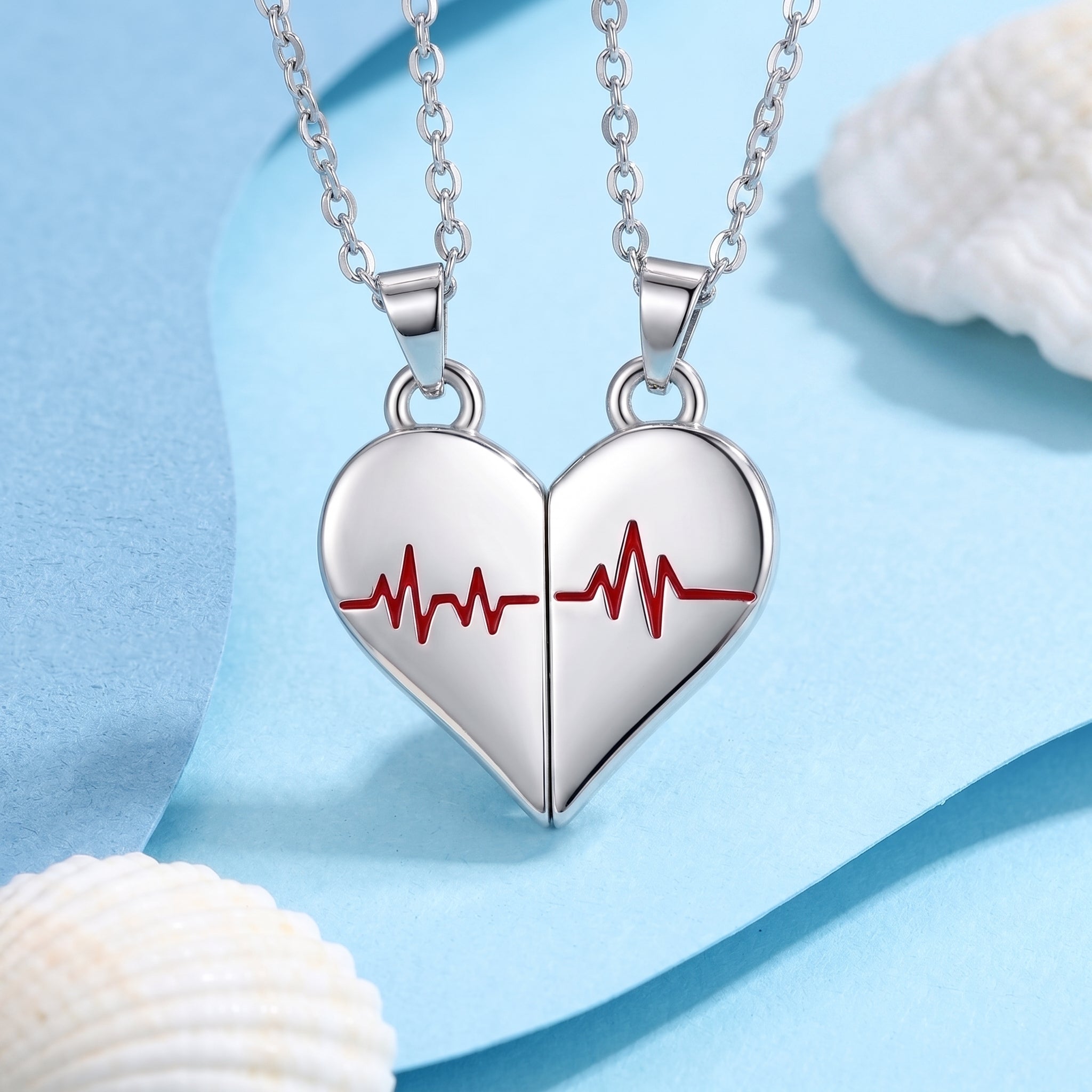 Two Bestie Red ECG Heartbeat Split‑Heart Couple Necklaces❤️💓