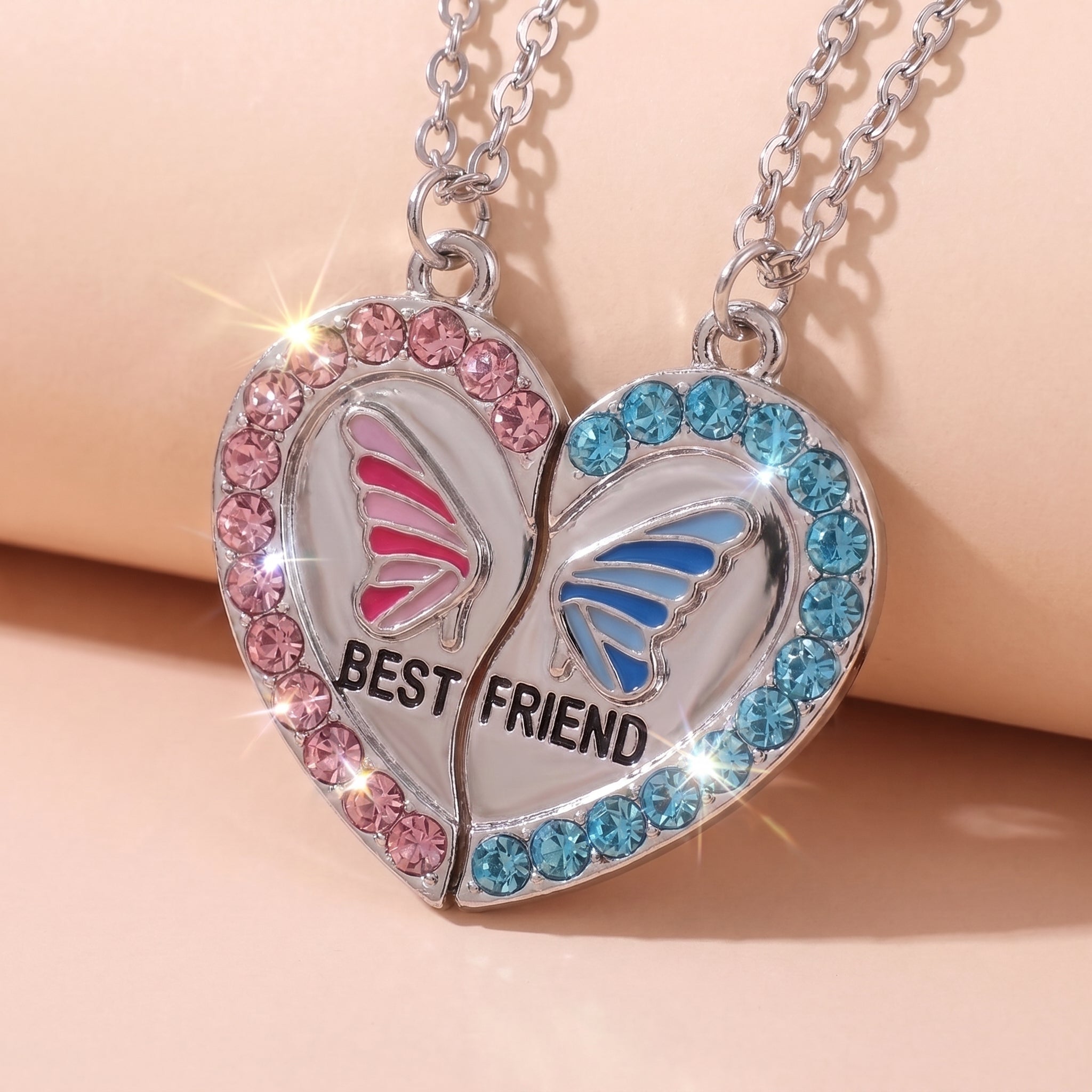 Two Besties Butterfly Heart Best Friend Necklaces Set